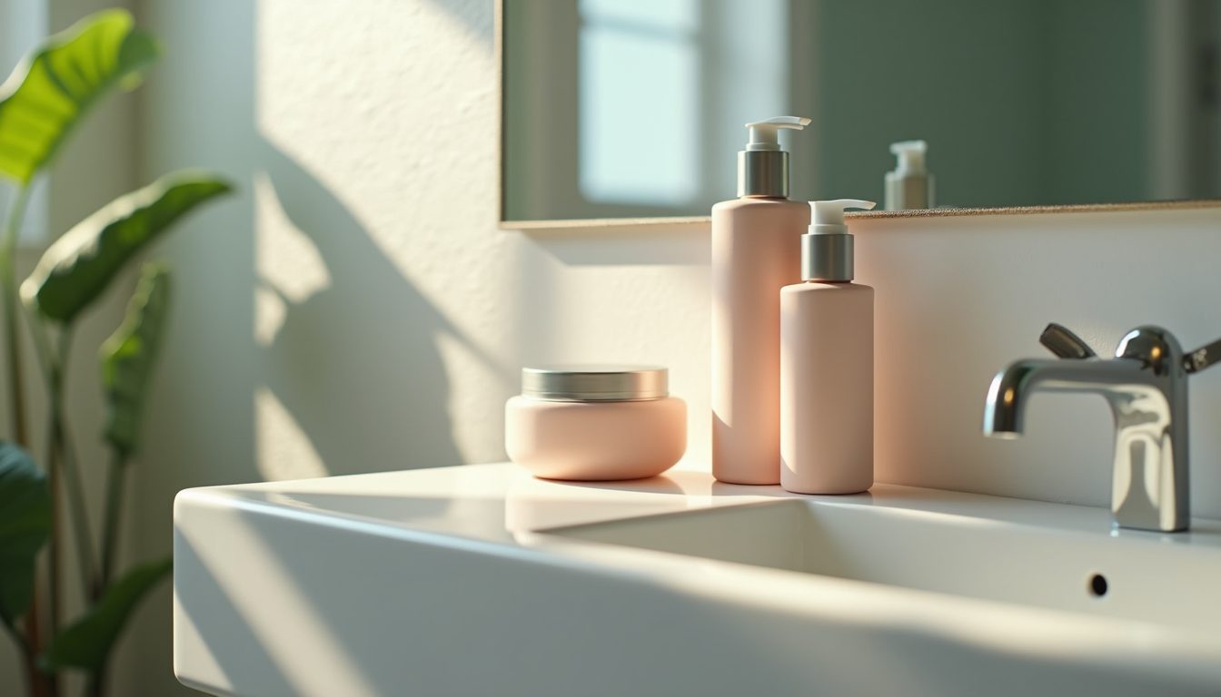 Hair care products for maintaining straightened hair on a bathroom shelf